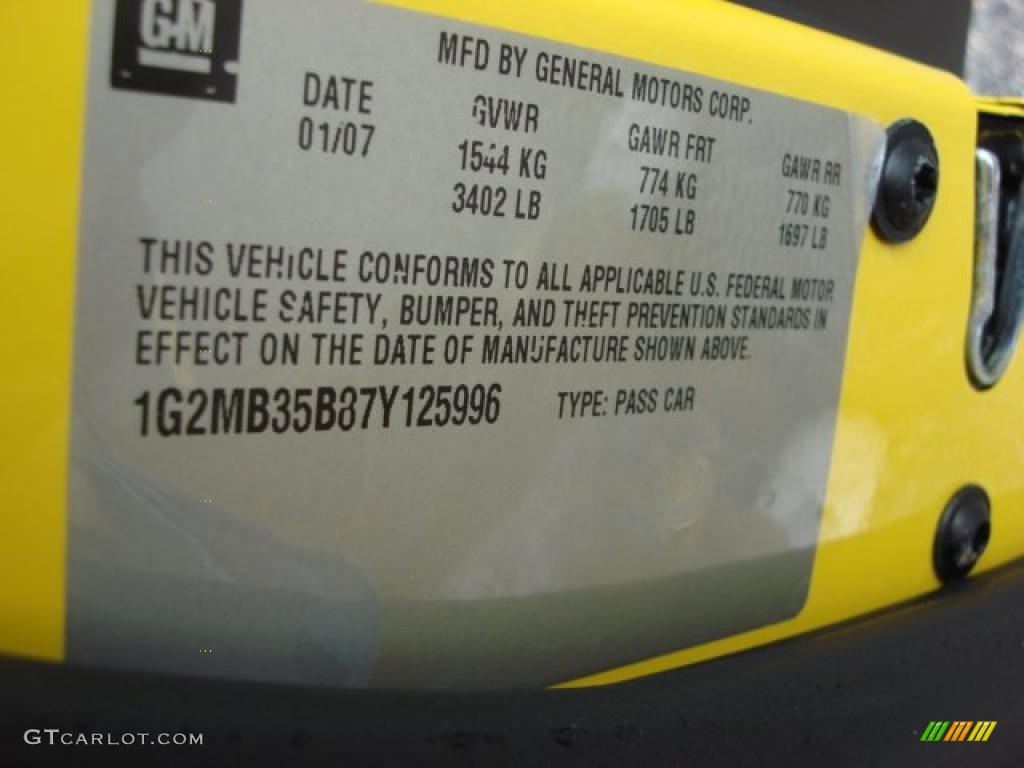 2007 Pontiac Solstice Roadster Info Tag Photo #47570252