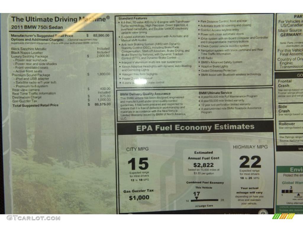 2011 BMW 7 Series 750i Sedan Window Sticker Photo #47582957