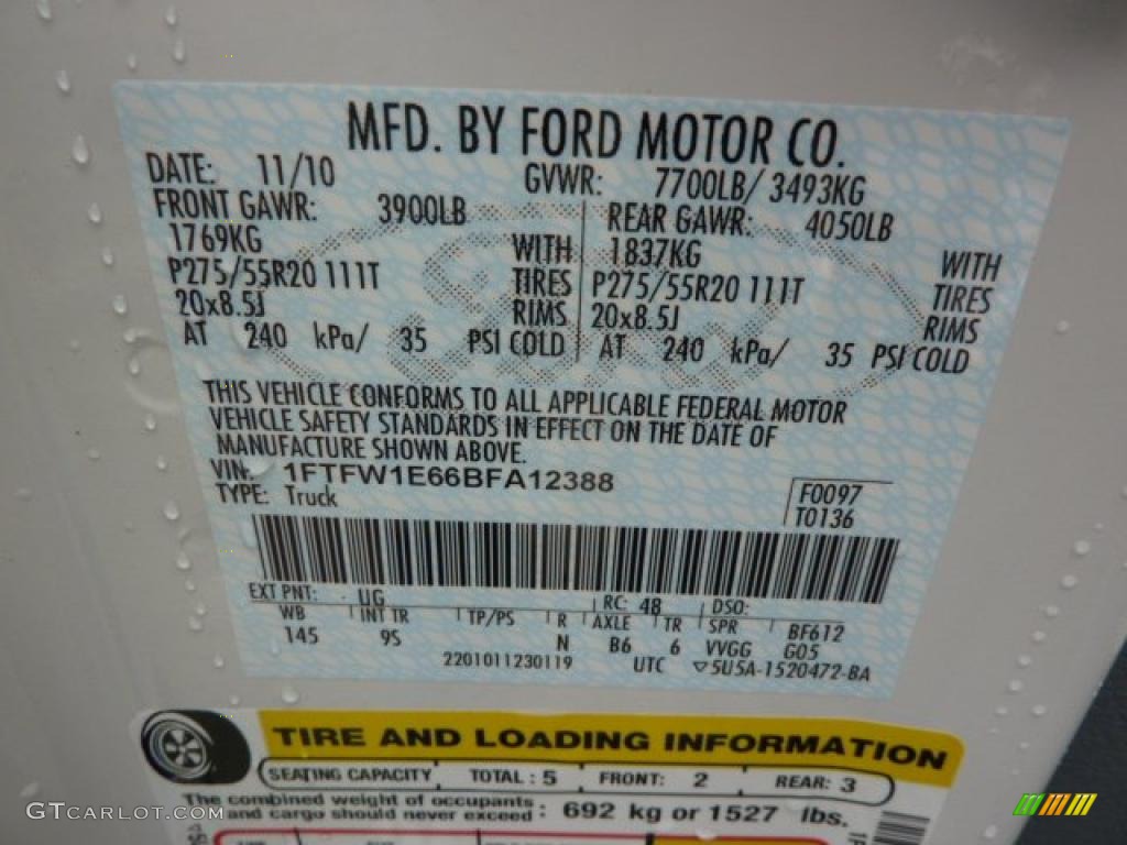 2011 F150 Color Code UG for White Platinum Metallic Tri-Coat Photo #47605736