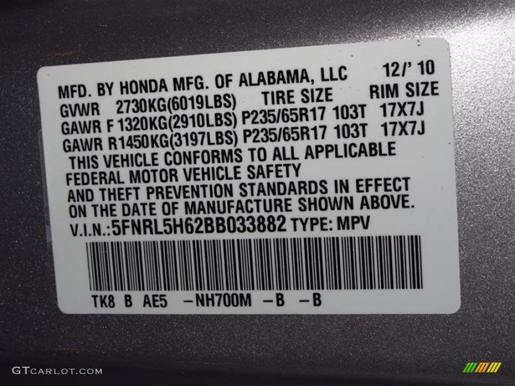 2011 Odyssey Color Code NH700M for Alabaster Silver Metallic Photo #47611169