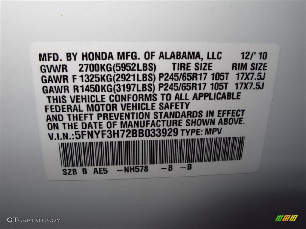 2011 Pilot Color Code NH578 for Taffeta White Photo #47611472