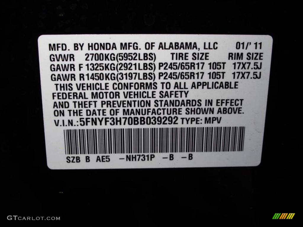 2011 Pilot Color Code NH731P for Crystal Black Pearl Photo #47611796