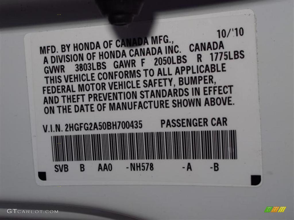 2011 Civic Color Code NH578 for Taffeta White Photo #47612117