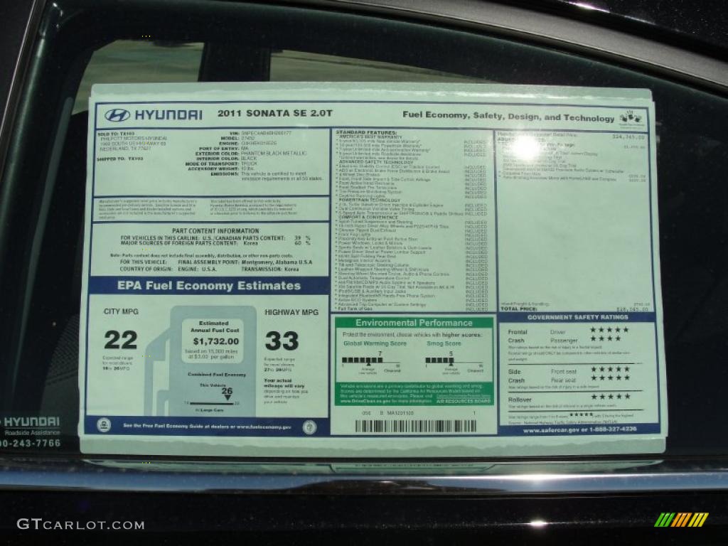 2011 Hyundai Sonata SE 2.0T Window Sticker Photo #47624258