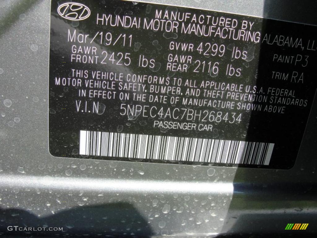2011 Sonata Color Code P3 for Harbor Gray Metallic Photo #47624867