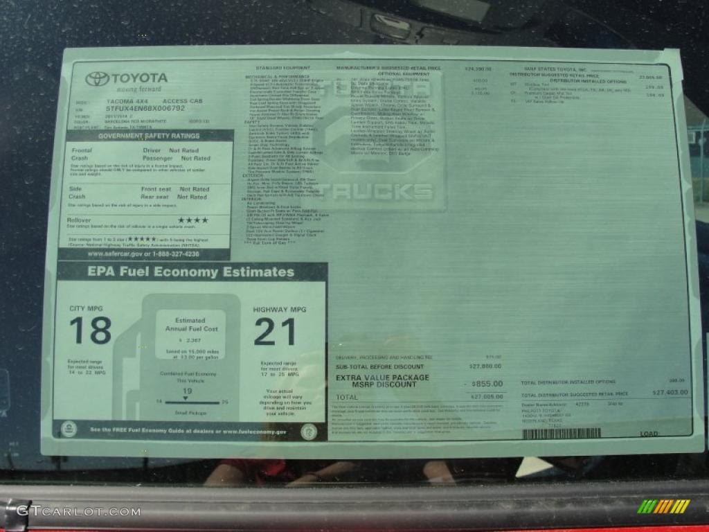 2011 Toyota Tacoma SR5 Access Cab 4x4 Window Sticker Photo #47628860