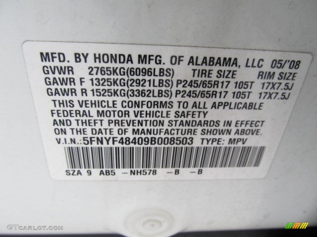 2009 Pilot Color Code NH578 for Taffeta White Photo #47660365