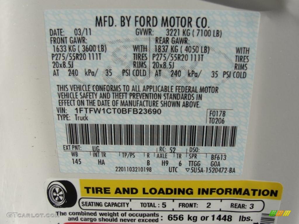 2011 F150 Color Code UG for White Platinum Metallic Tri-Coat Photo #47666119