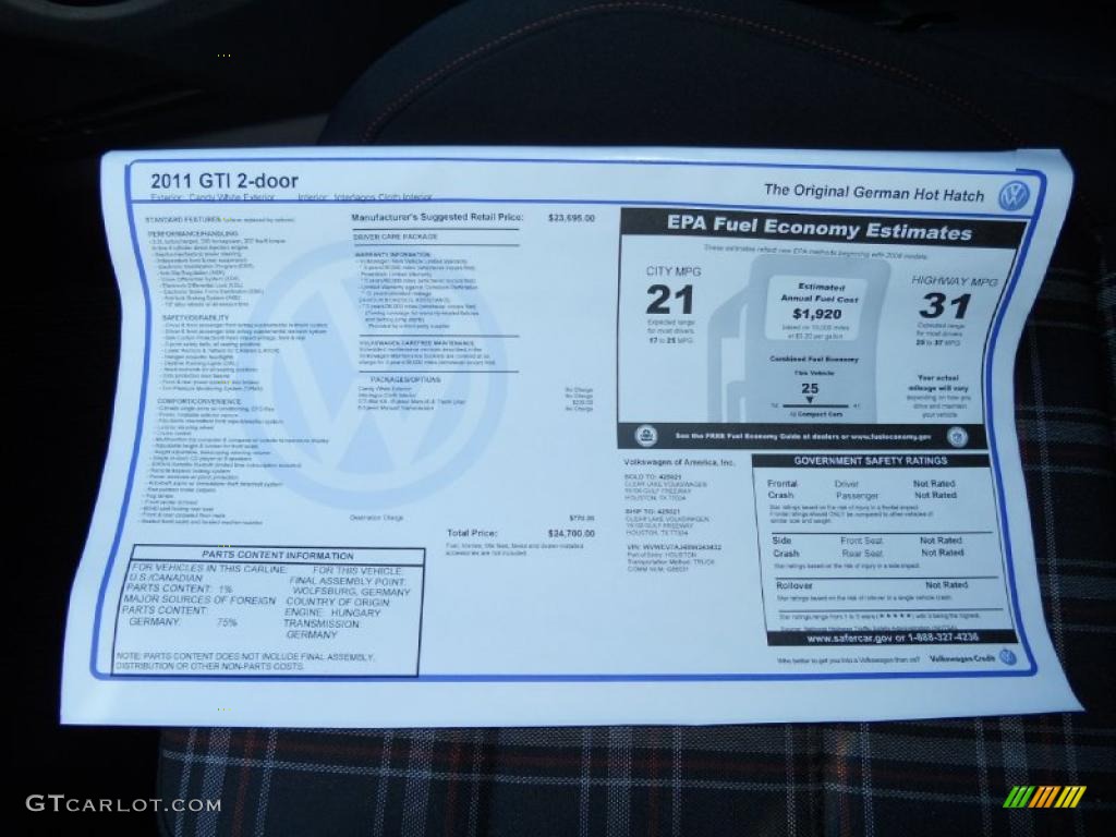 2011 Volkswagen GTI 2 Door Window Sticker Photo #47667268