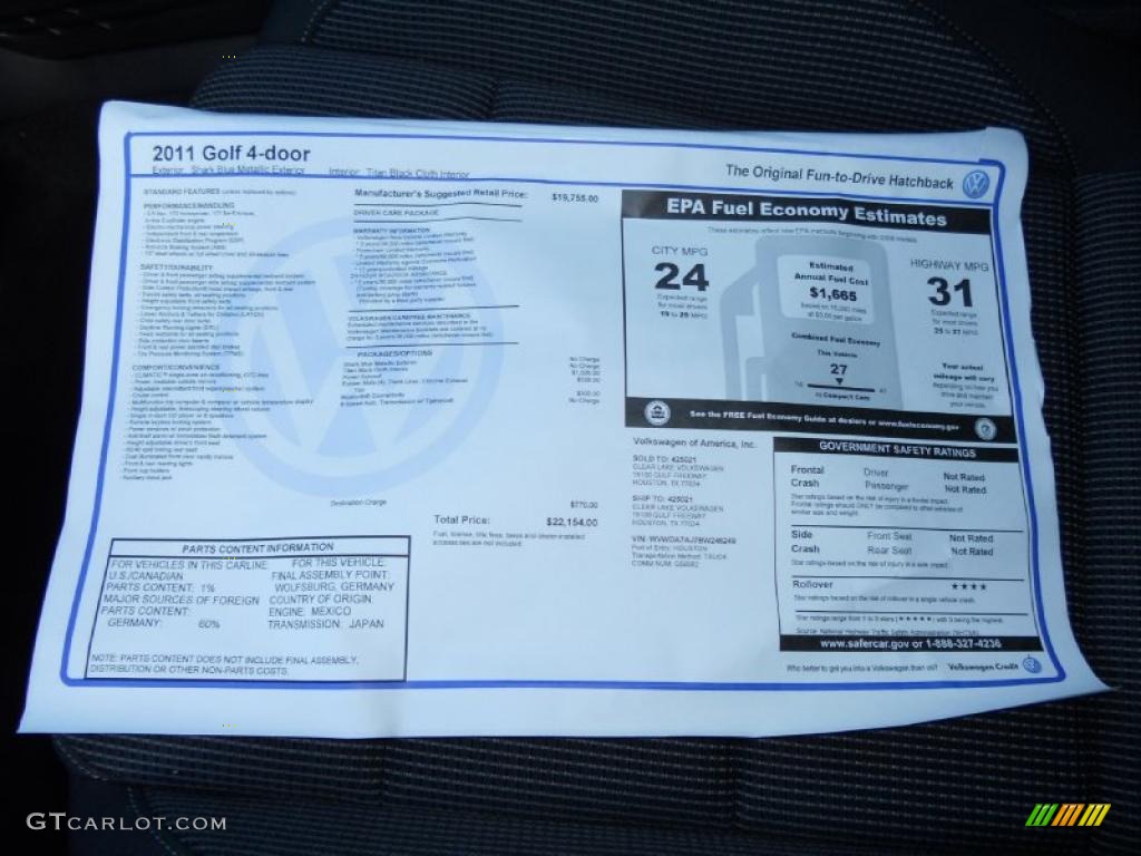 2011 Volkswagen Golf 4 Door Window Sticker Photo #47668660