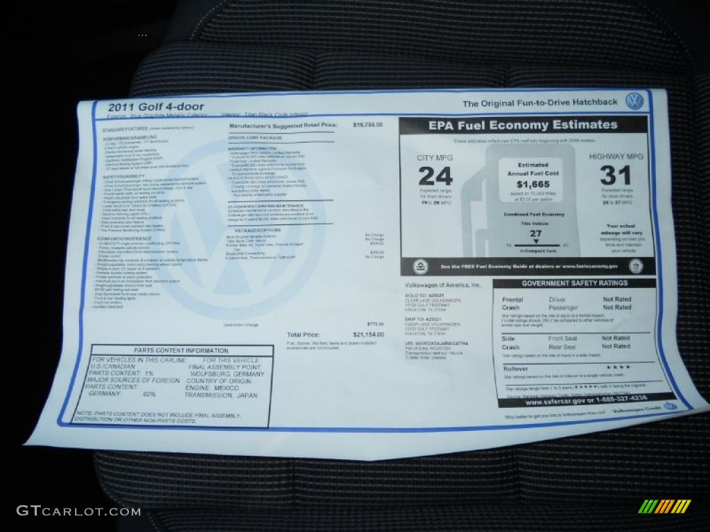 2011 Volkswagen Golf 4 Door Window Sticker Photo #47668984