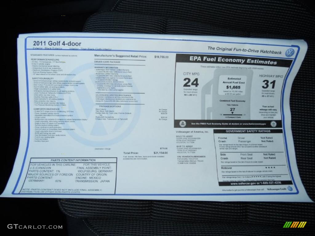 2011 Volkswagen Golf 4 Door Window Sticker Photo #47669320