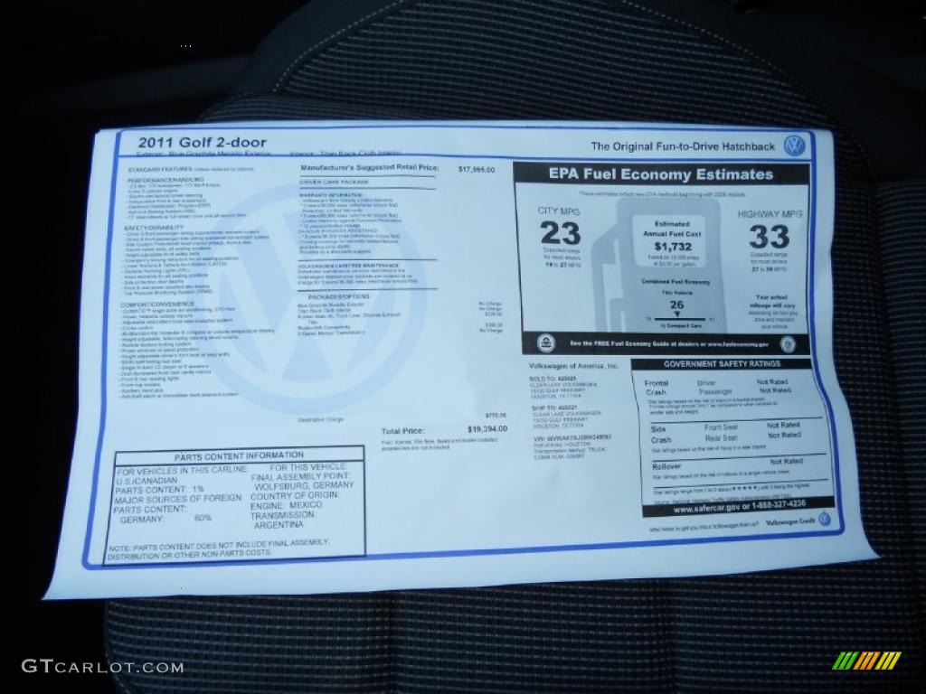 2011 Volkswagen Golf 2 Door Window Sticker Photo #47669659