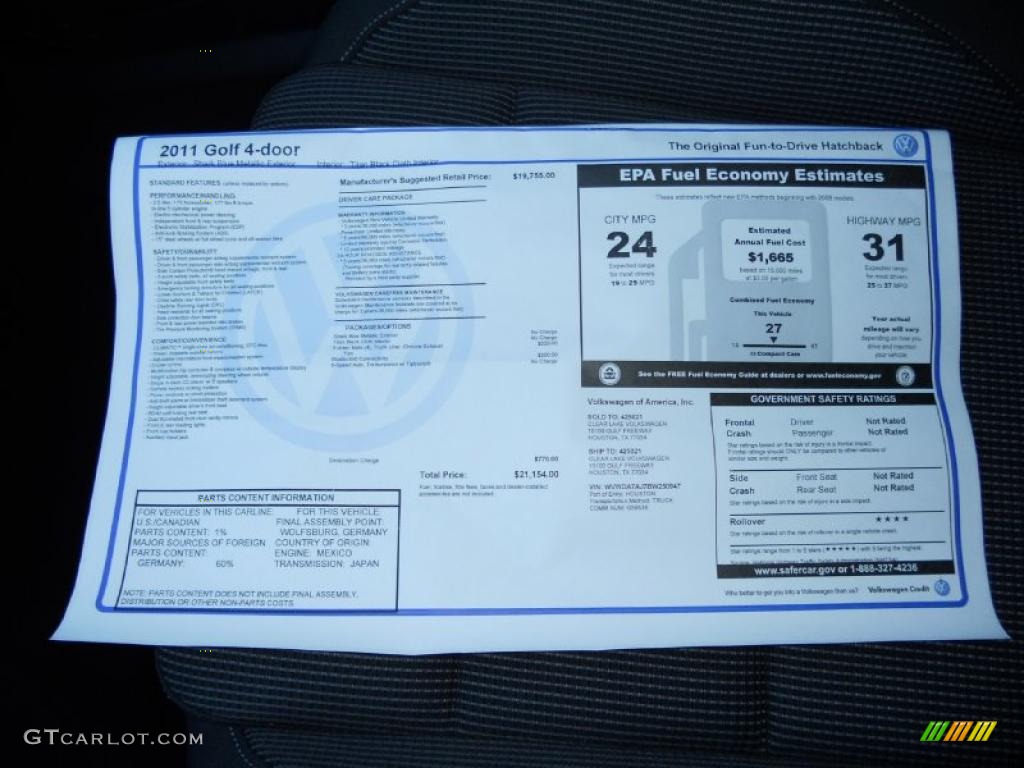 2011 Volkswagen Golf 4 Door Window Sticker Photo #47670349