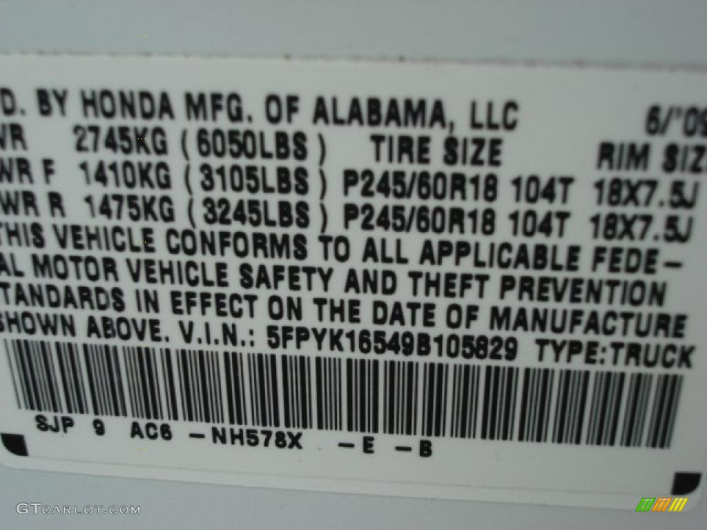 2009 Ridgeline Color Code NH578X for White Photo #47676077