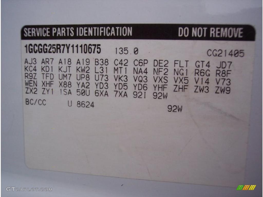 2000 Chevrolet Express G2500 Commercial Info Tag Photo #47682424