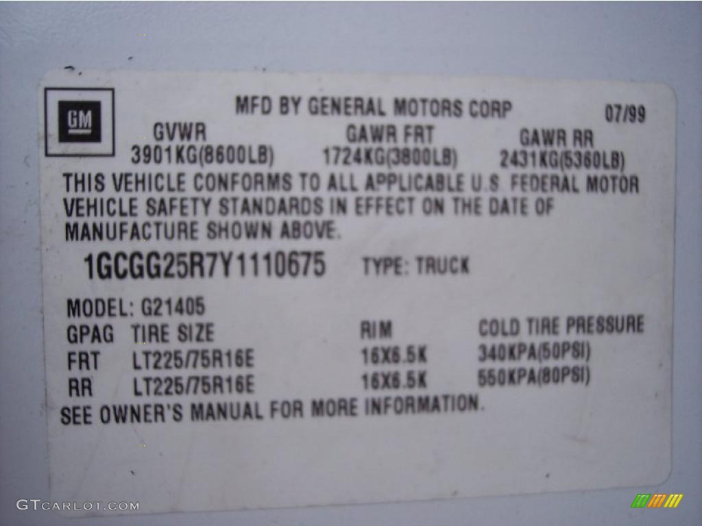 2000 Chevrolet Express G2500 Commercial Info Tag Photos