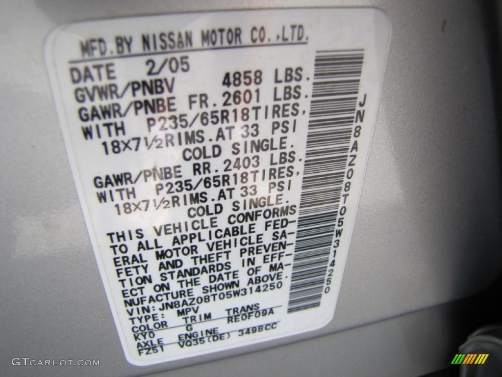 2005 Murano S - Sheer Silver Metallic / Charcoal photo #21