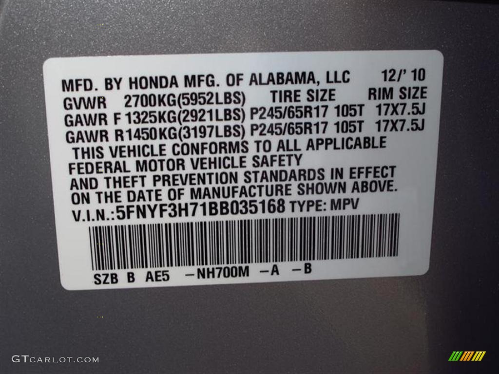 2011 Pilot Color Code NH700M for Alabaster Silver Metallic Photo #47740483