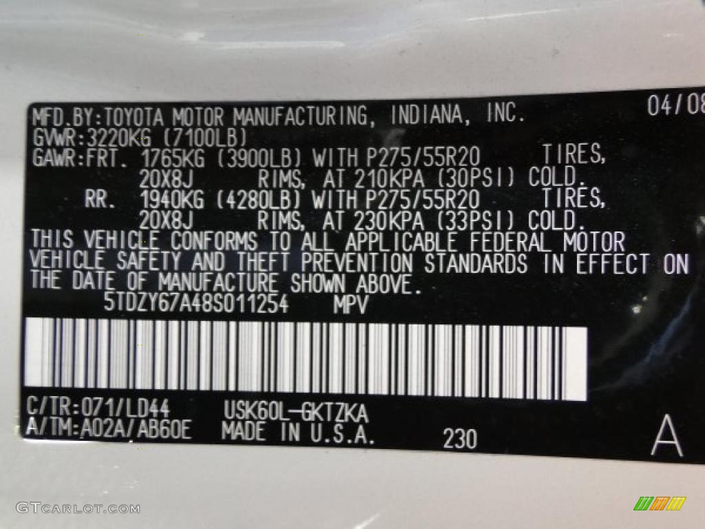2008 Toyota Sequoia Platinum Color Code Photos