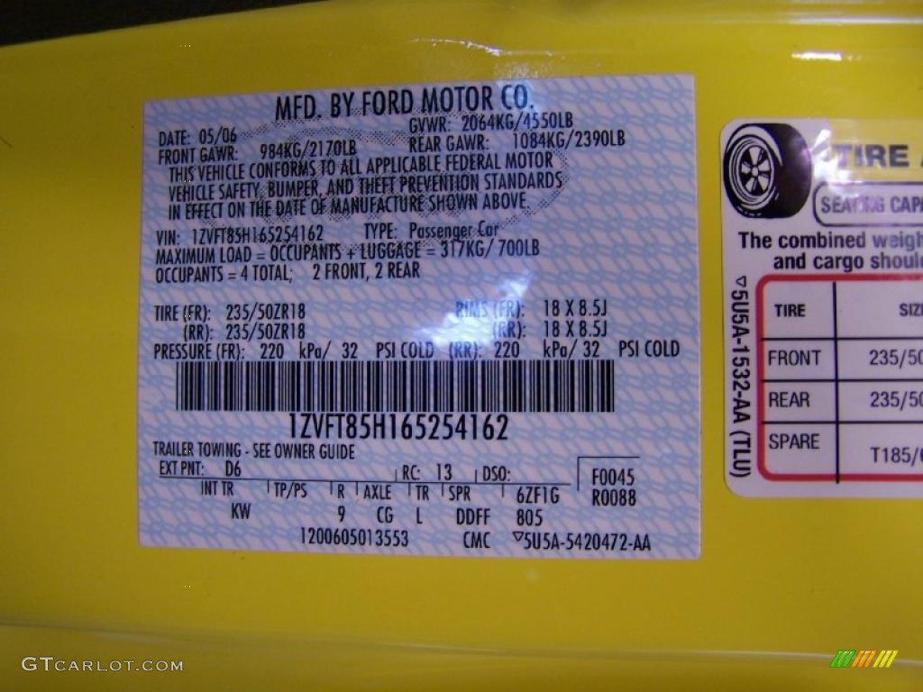 2006 Mustang Color Code D6 for Screaming Yellow Photo #47760484