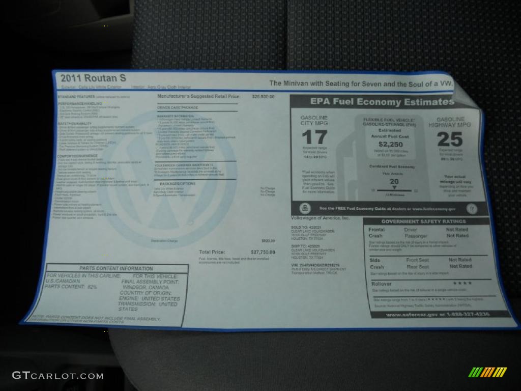 2011 Volkswagen Routan S Window Sticker Photo #47762035