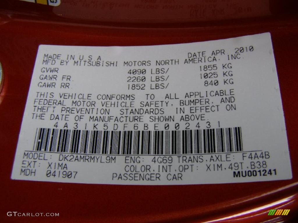 2011 Mitsubishi Eclipse GS Sport Coupe Color Code Photos