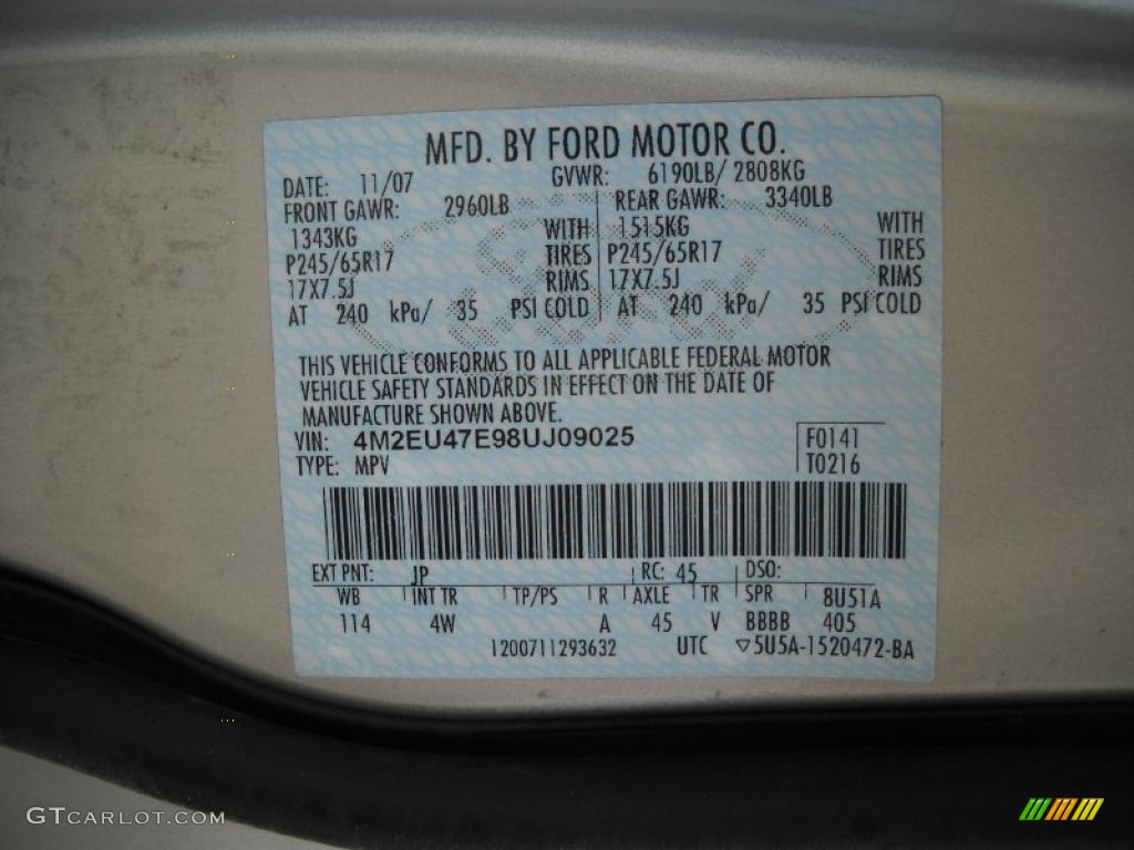 2008 Mountaineer Color Code JP for Silver Birch Metallic Photo #47881955