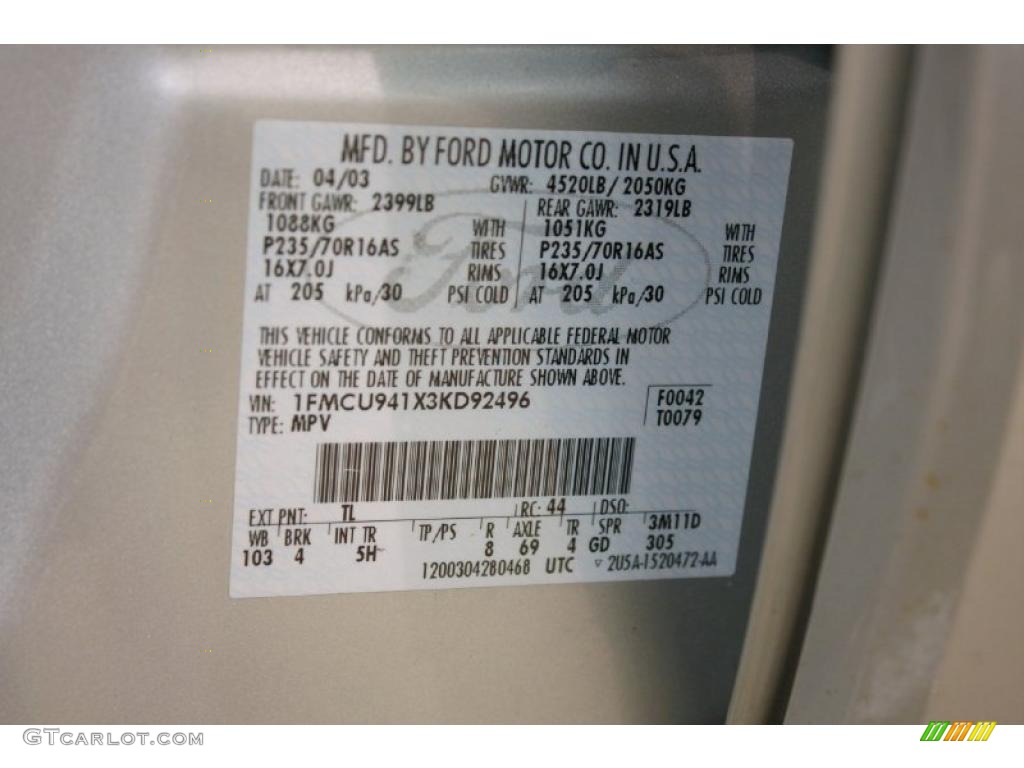 2003 Escape Color Code TL for Satin Silver Metallic Photo #47907954