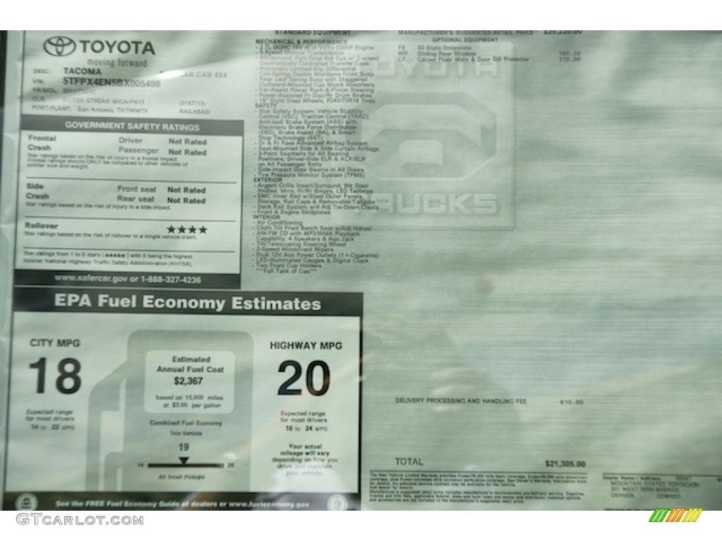 2011 Toyota Tacoma Regular Cab 4x4 Window Sticker Photo #47925276