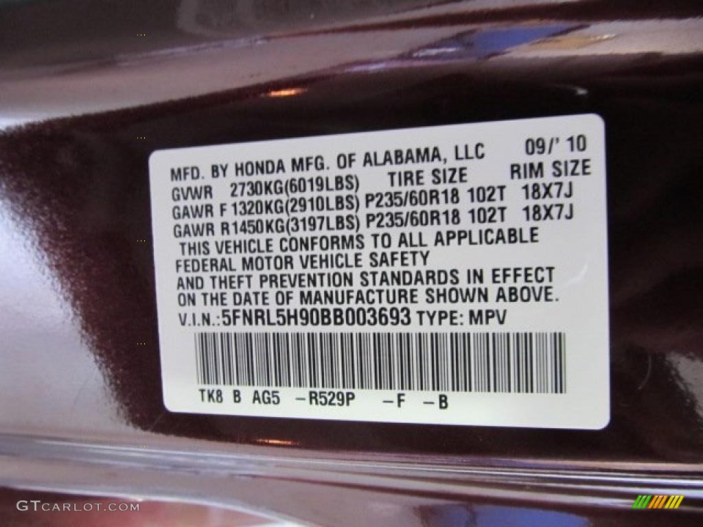2011 Odyssey Color Code R529P for Dark Cherry Pearl Photo #47935164