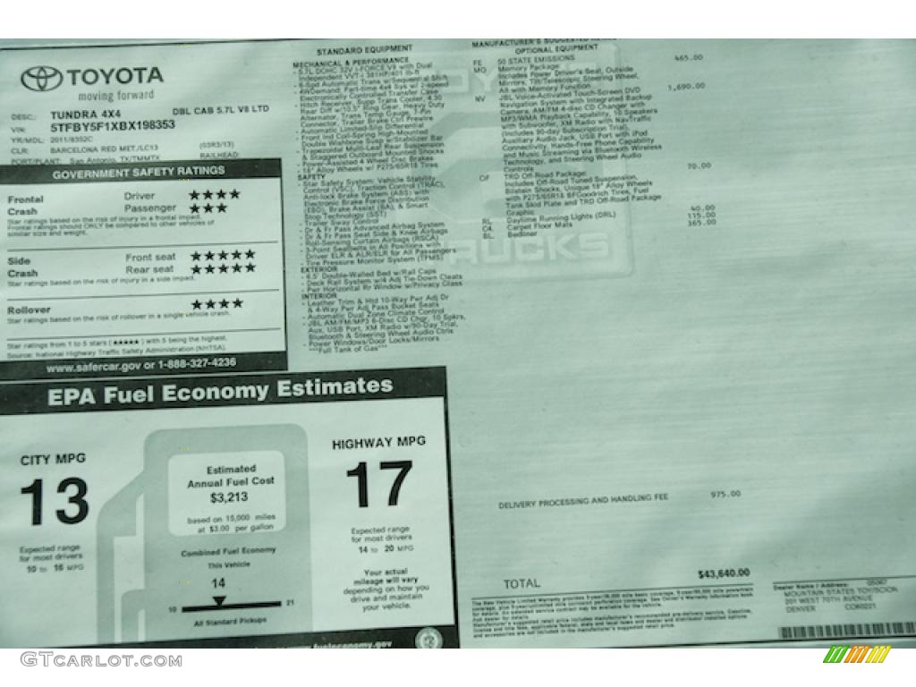 2011 Toyota Tundra Limited Double Cab 4x4 Window Sticker Photo #47984204