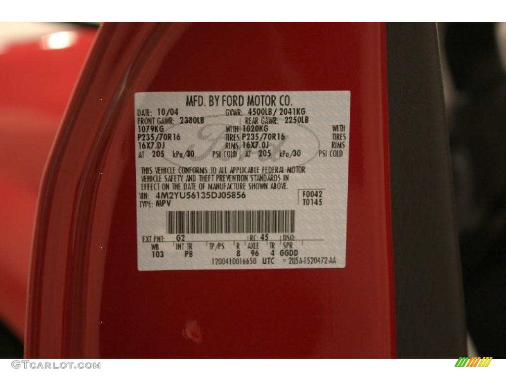 2005 Mariner Color Code G2 for Vivid Red Photo #47995488