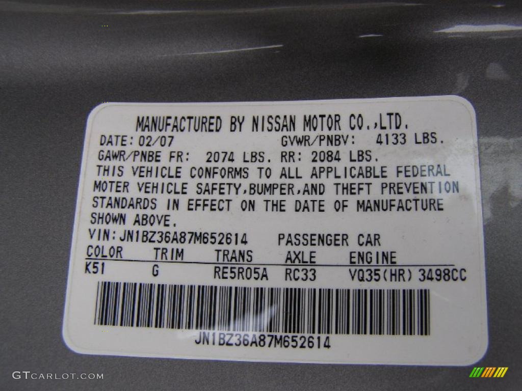 2007 Nissan 350Z Enthusiast Roadster Color Code Photos