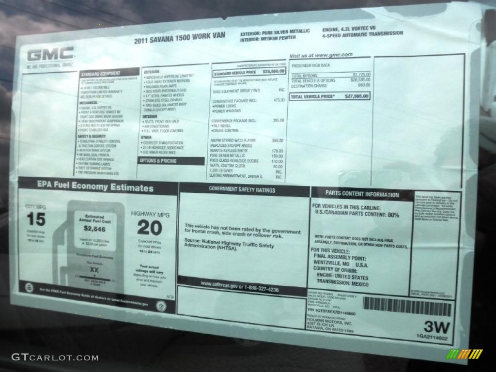 2011 GMC Savana Van 1500 Cargo Window Sticker Photo #48005019