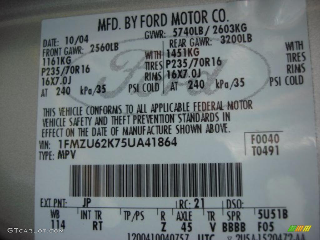 2005 Ford Explorer XLS Color Code Photos