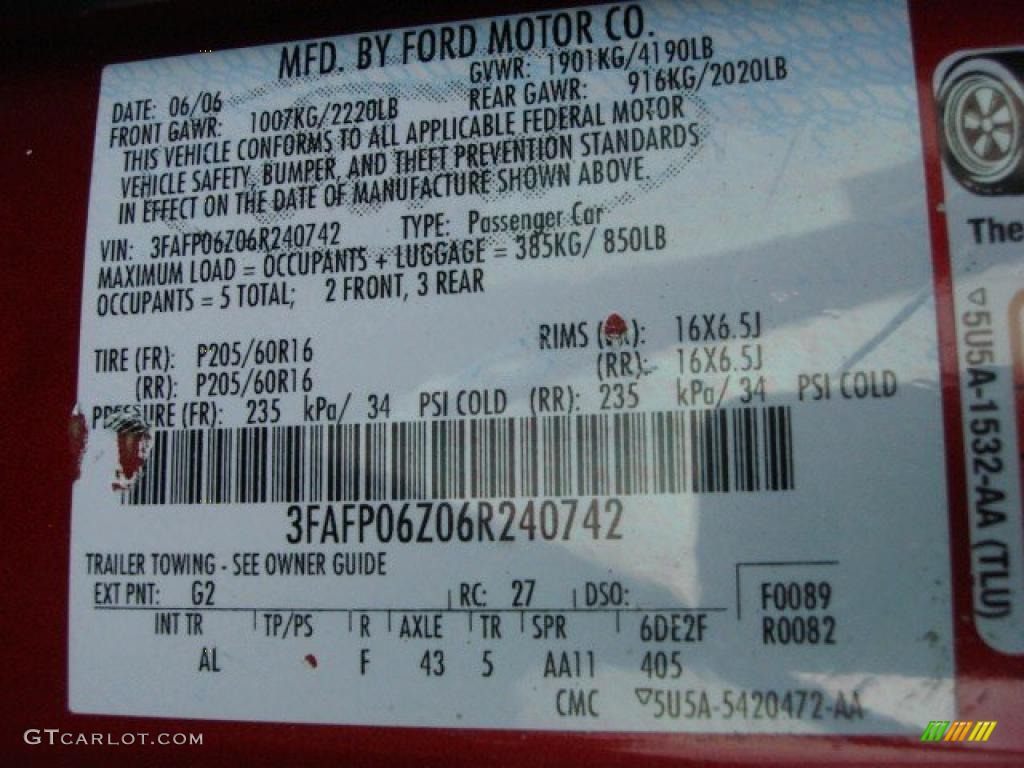 2006 Ford Fusion S Color Code Photos