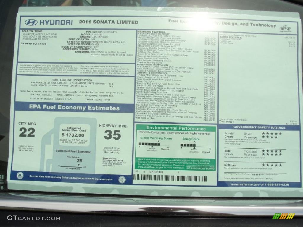 2011 Sonata Limited - Midnight Black / Camel photo #40