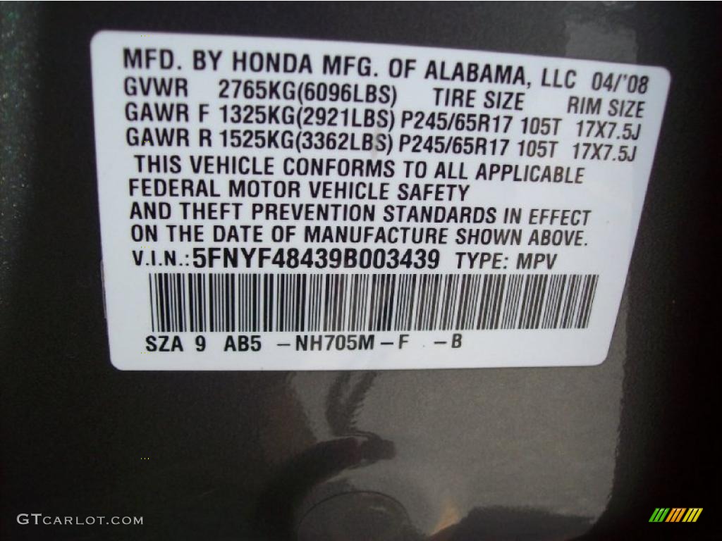 2009 Pilot Color Code NH705M for Nimbus Gray Metallic Photo #48044902
