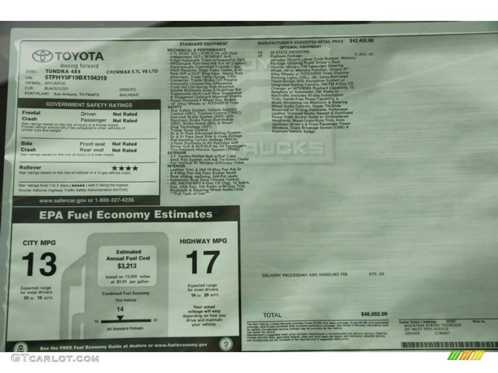 2011 Toyota Tundra Platinum CrewMax 4x4 Window Sticker Photo #48046258