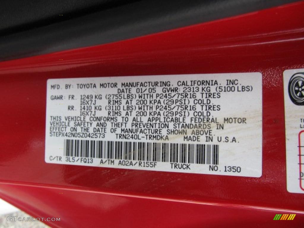 2005 Toyota Tacoma Regular Cab 4x4 Color Code Photos