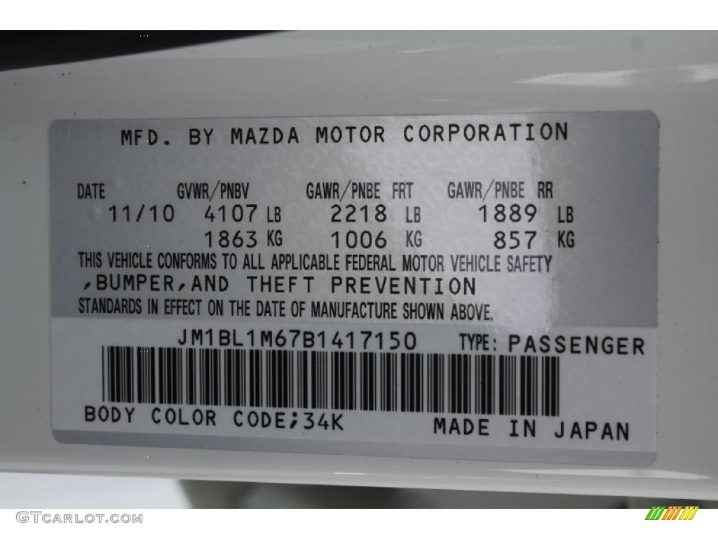 2011 MAZDA3 Color Code 34K for Crystal White Pearl Mica Photo #48062042