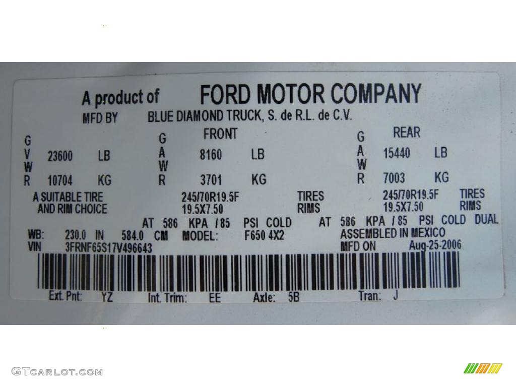 2007 Ford F650 Super Duty XLT Regular Cab Dump Truck Color Code Photos