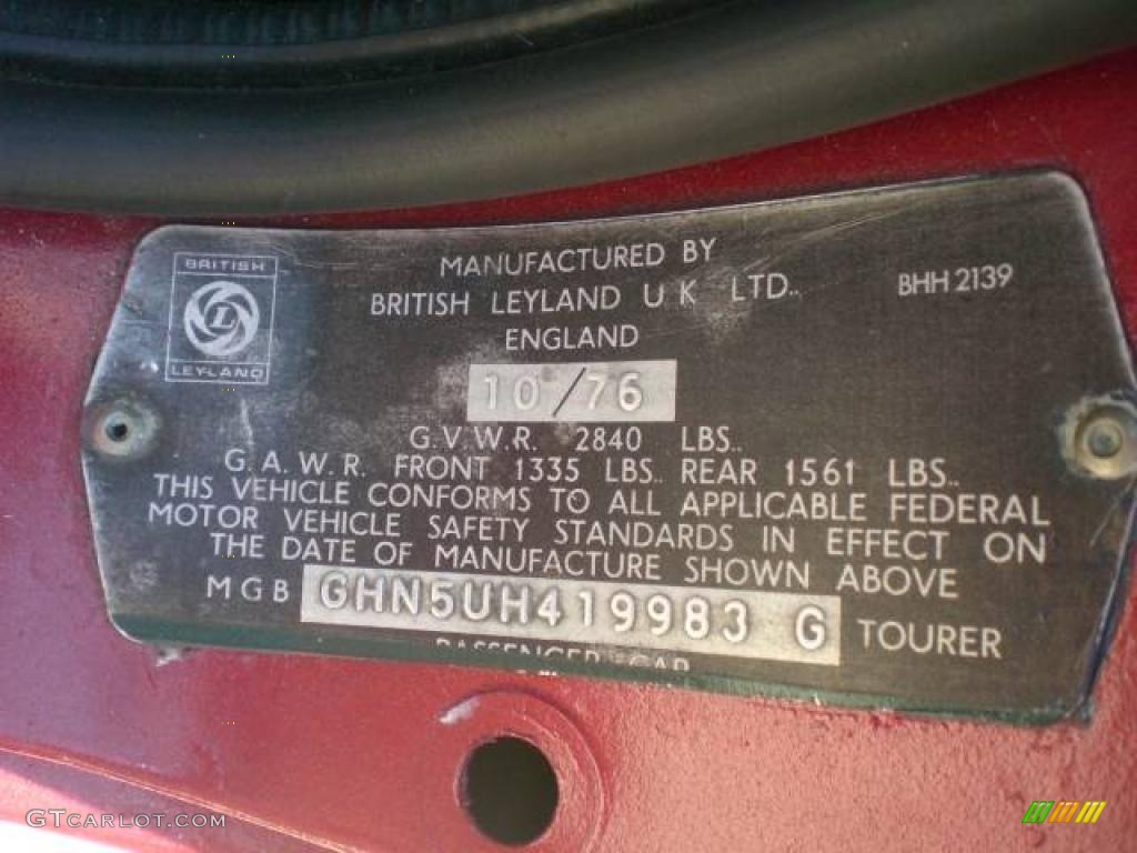 1977 MG MGB Roadster Info Tag Photo #48073139