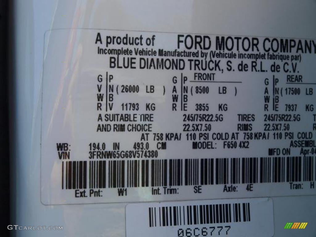 2008 Ford F650 Super Duty XLT Crew Cab Color Code Photos