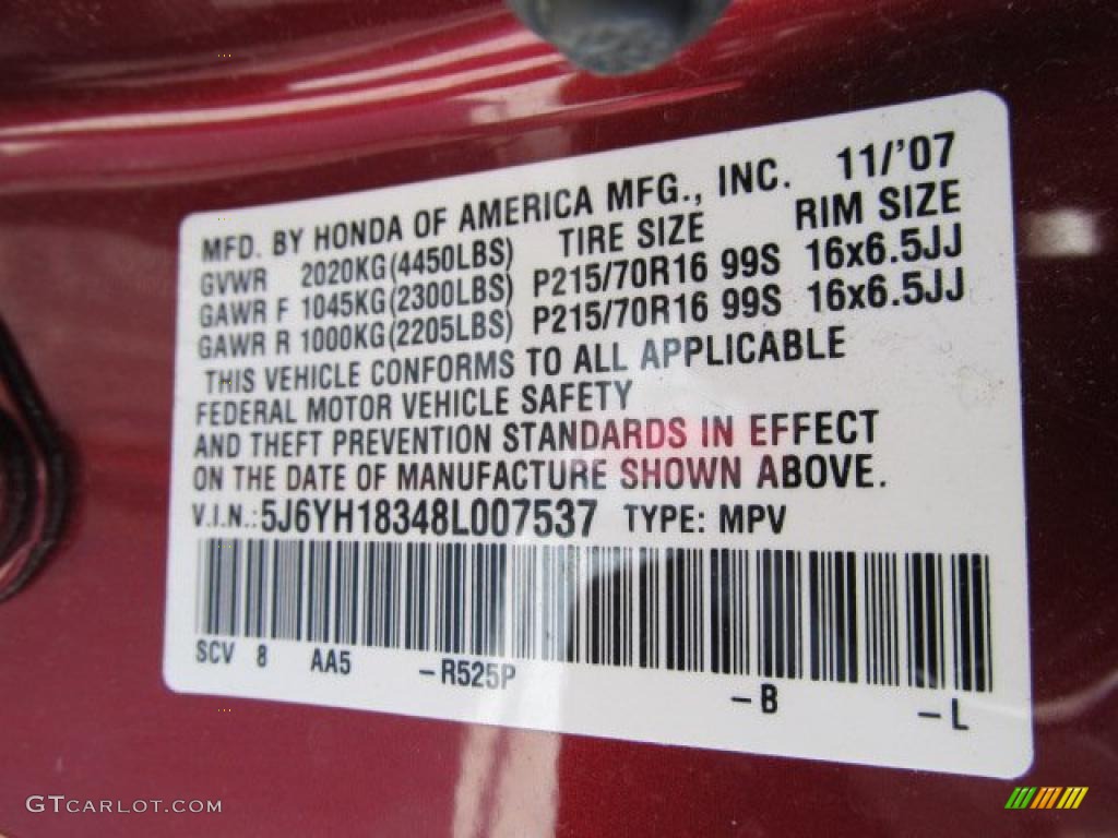 2008 Element Color Code R525P for Tango Red Pearl Photo #48098595