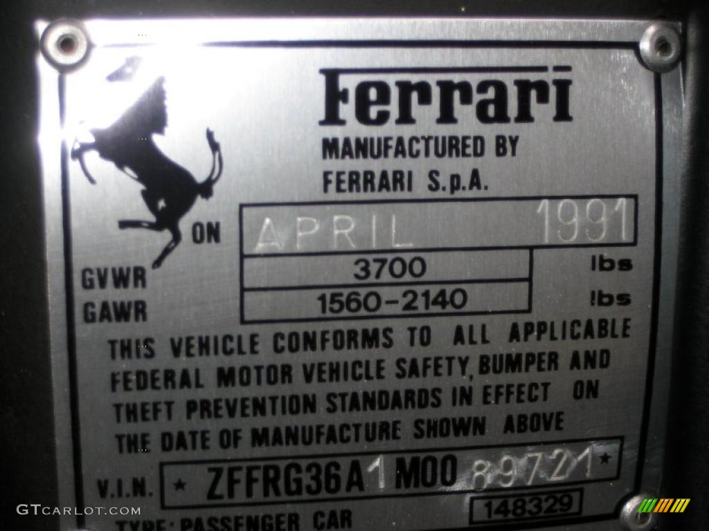 1991 Ferrari 348 TS Info Tag Photos