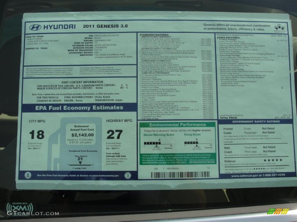 2011 Hyundai Genesis 3.8 Sedan Window Sticker Photo #48133262