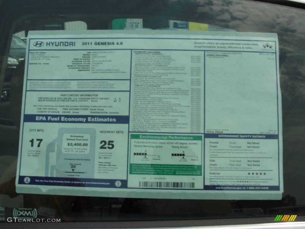 2011 Hyundai Genesis 4.6 Sedan Window Sticker Photo #48133808