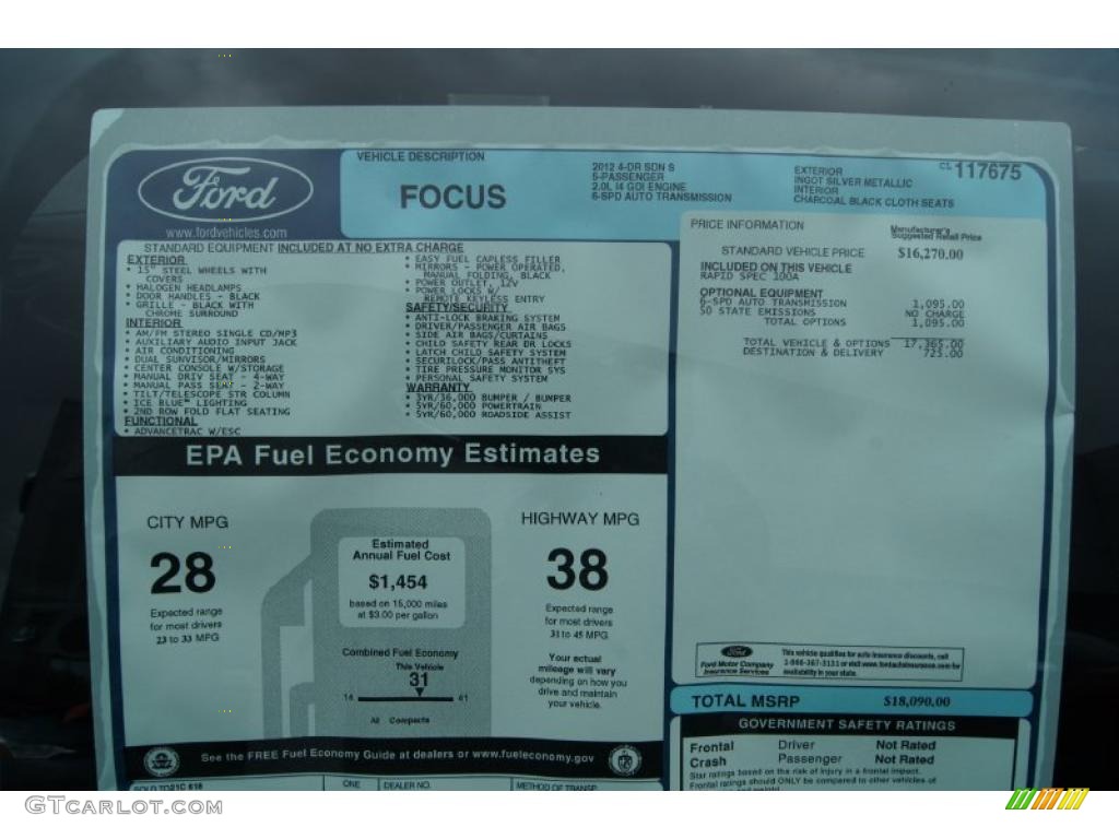 2012 Ford Focus S Sedan Window Sticker Photo #48187201